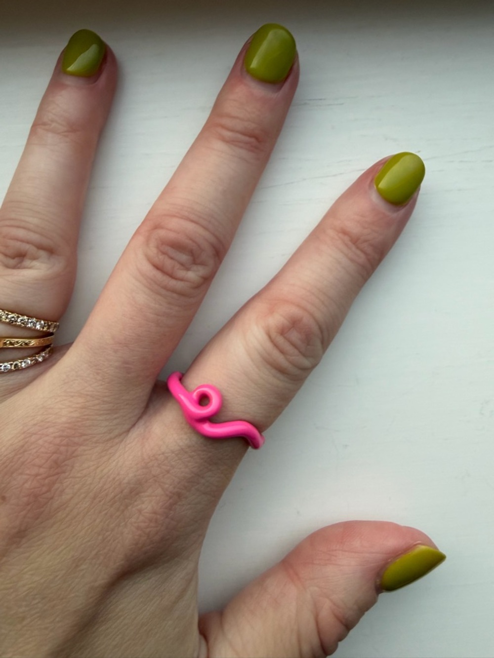 Hot Pink Enamel and Gold-Tone Wavy Squiggle Ring in Size 8